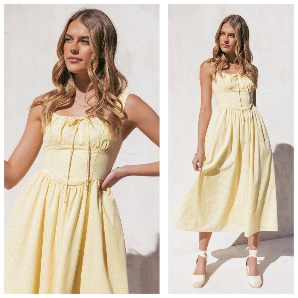 Petal & Pup Kinslee Midi Dress Size Medium Yellow Gingham Milk Maid Feminine